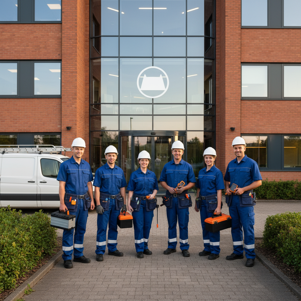 Team der Muster GmbH vor dem Firmengebäude