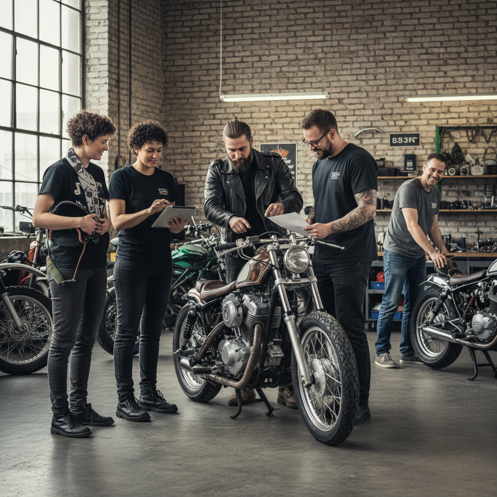Team der Motorradwerkstatt Muster 123 GmbH bei der Arbeit