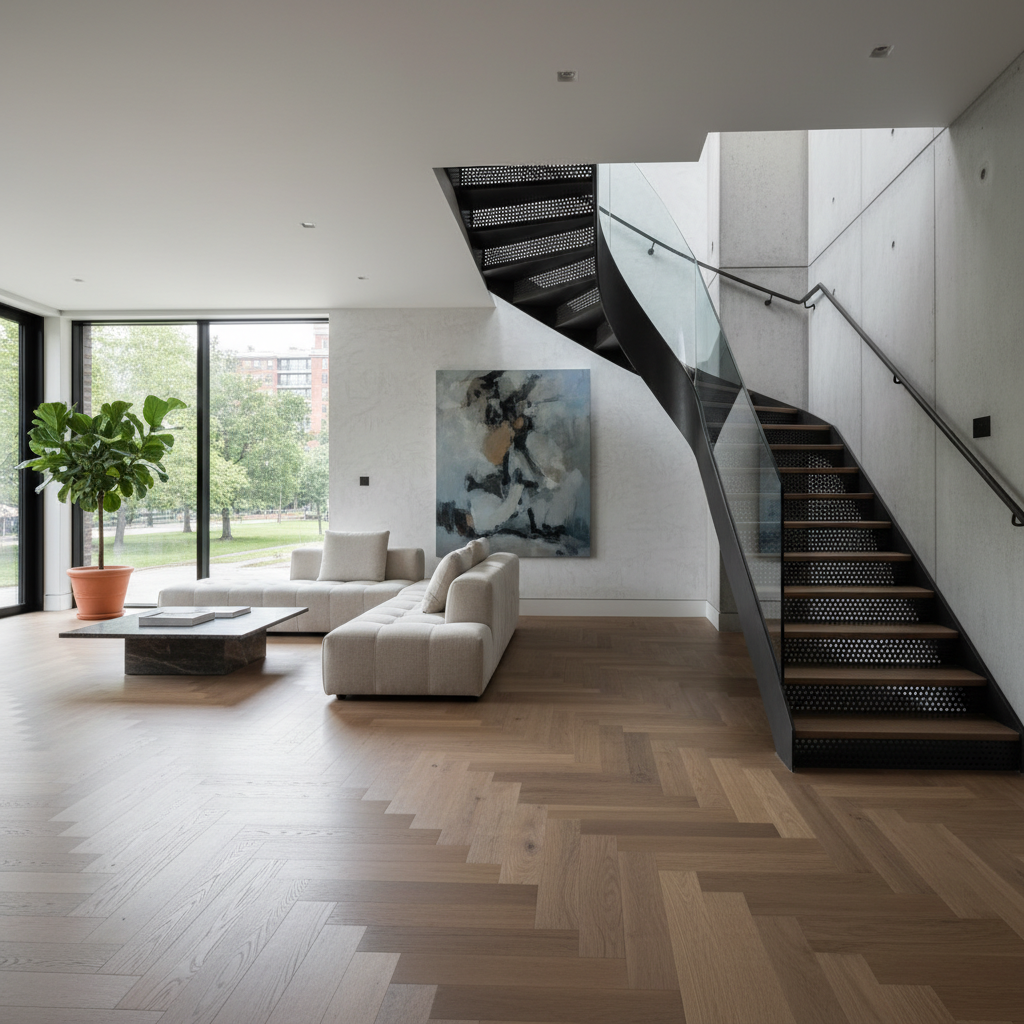 Eichenparkett mit Stahl-Treppe